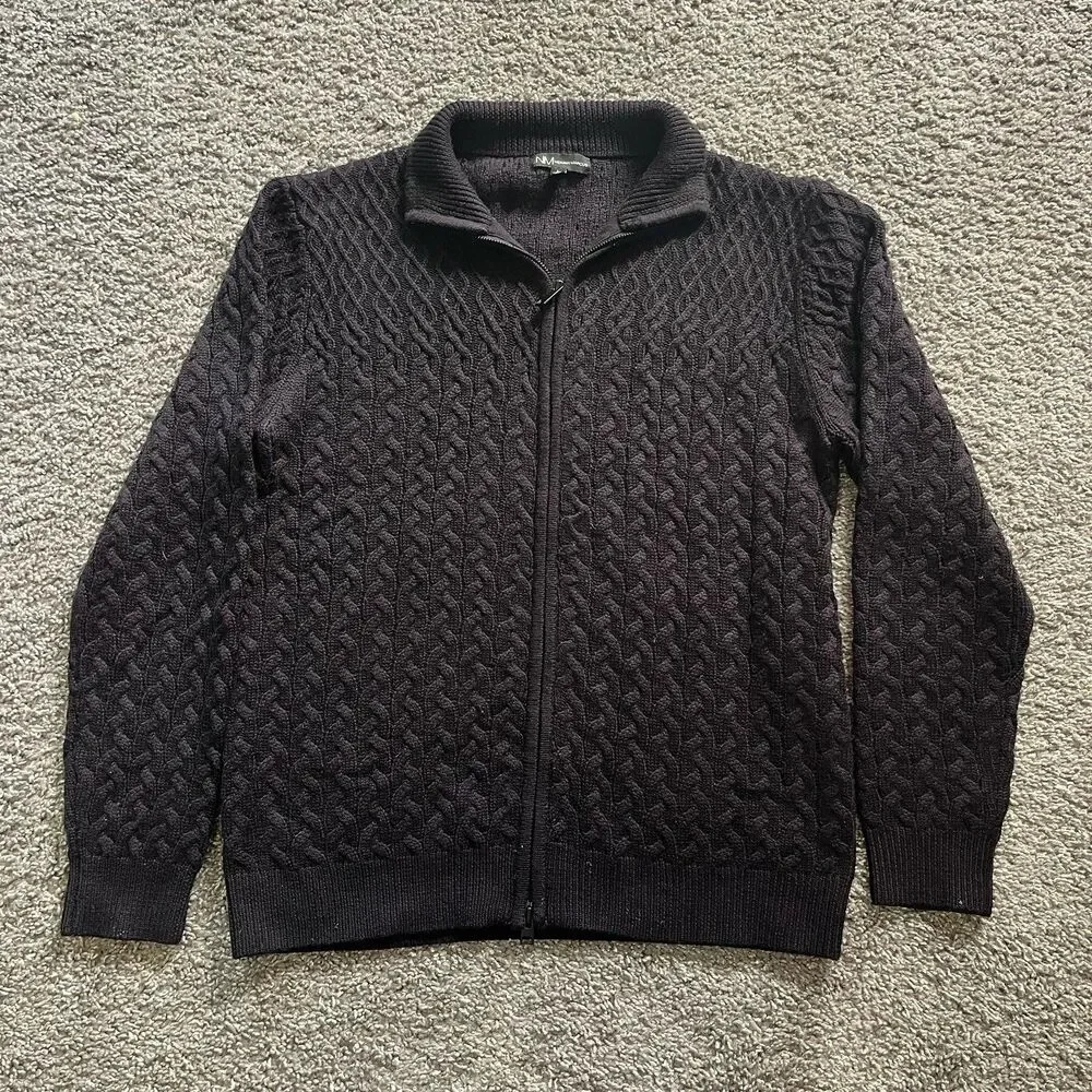 VTG Neiman Marcus Full Zip Sweater Wool Cable Knit Fisherman Chunky Black Large